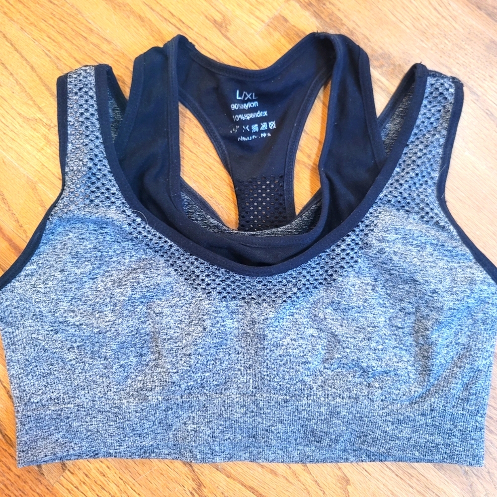 Champion L/XL Grey & Black Strappy full coverage stretchy sports bra